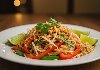 Delicious Pad Thai with Fresh Vegetables, Peanuts and Lime Served on White Plate in Restaurant Setting