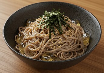 Delicious Soba Noodle Bowl Garnished with Seaweed, Sesame Seeds, and Jelly on Wooden Table