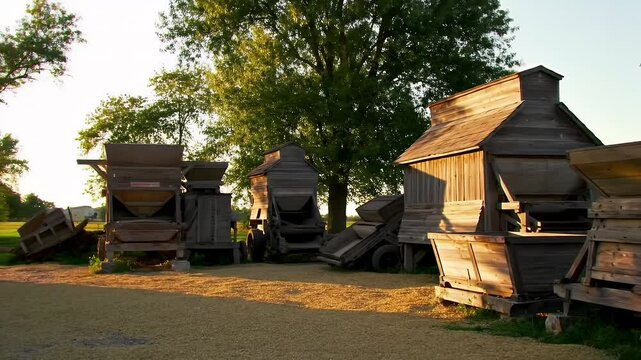 Antique Wooden Threshing Machines and Farm Equipment Collection at Golden Hour Featuring Vintage Agricultural Relics and Historical Machinery with Warm Lighting and Rustic Textures
