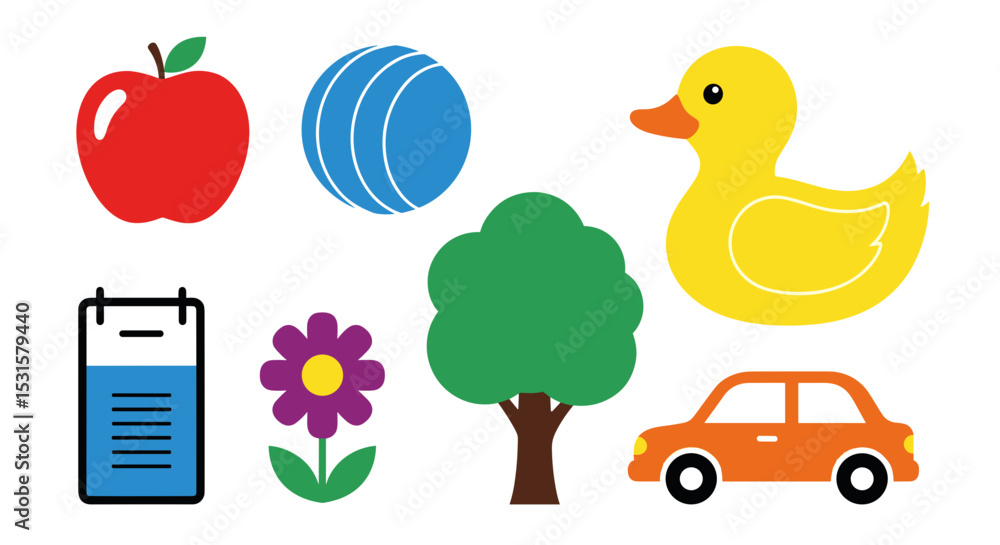 Poster a colorful collection of assorted objects including an apple a ball a duck and a car on white backgr