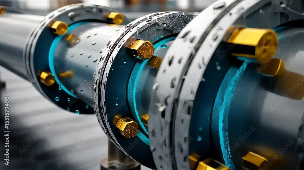 Poster conceptual view of a corroded oil pipeline with glowing digital wireframe overlays symbolizing leak 