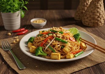 Delicious stir-fried noodles with fresh vegetables, tofu, and garnishes on a rustic wooden table