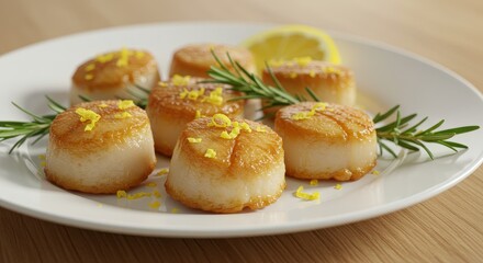 Deliciously Seared Scallops Garnished with Herbs and Lemon on White Plate for Culinary Display and Presentation