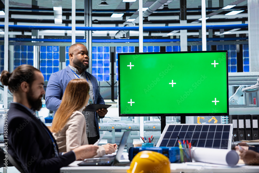 Poster photovoltaics factory management team monitoring system performance using isolated screen monitor. s