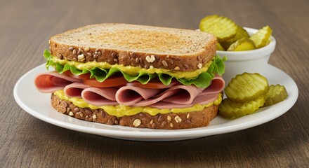 Deliciously stacked ham sandwich with fresh lettuce, tomatoes, and mustard served alongside crunchy pickles in a rustic setting