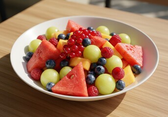 Fresh and Colorful Fruit Salad with Watermelon, Melon, Berries, and Grapes in a White Bowl on a Wooden Table in Natural Light