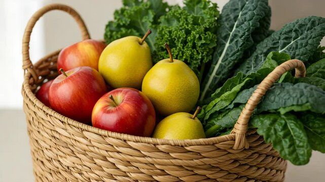 Basket Filled With Red Apples Yellow Pears And Green Kale Against Neutral Backdrop