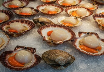 Fresh and Delicious Scallops on Ice in Shells Perfect for Culinary Inspiration and Seafood Dishes at a Restaurant or Market Setting
