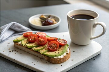 An open-faced sandwich and a cup of black coffee on a minimalist grey tabletop