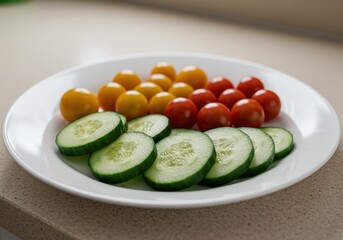 Fresh and Vibrant Plate of Sliced Cucumbers and Assorted Cherry Tomatoes on Neutral Background for Healthy Eating Display