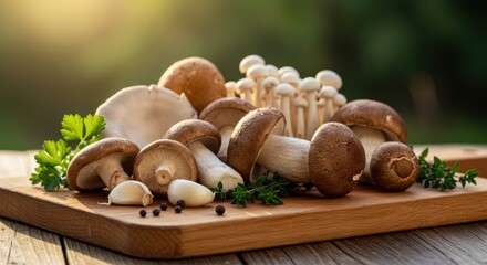 Fresh Assortment of Mushrooms on Wooden Cutting Board Surrounded by Aromatic Herbs and Garlic Ready for Culinary Use in Bright Natural Light