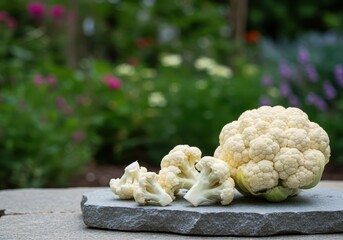 Fresh Cauliflower on Stone Surface with Colorful Garden Background and Soft Focus, Organic Vegetable for Healthy Cooking and Nutrition