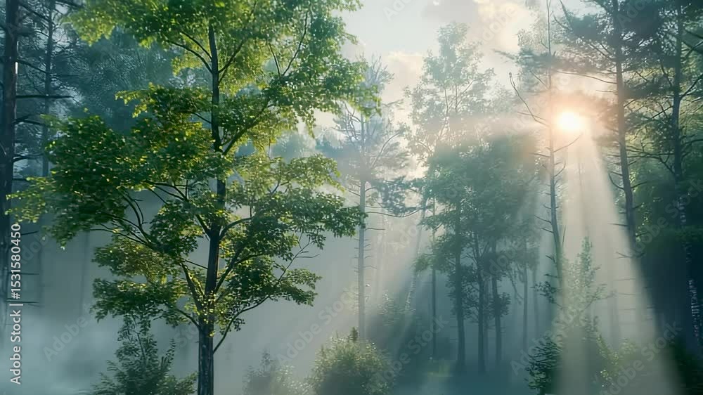 Poster sunlit forest scene with fog and tall trees, creating a serene and mystical atmosphere
