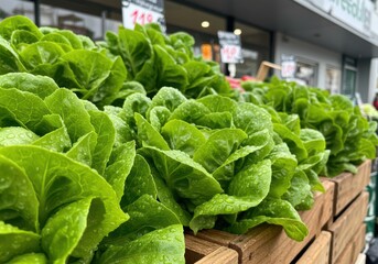 Fresh Green Lettuce with Dew Drops in a Wooden Box Displayed at a Market Stall, Concept of Organic Farming and Healthy Eating