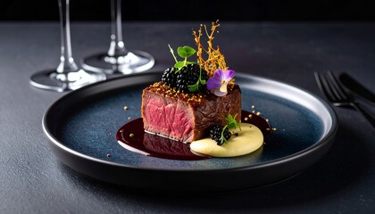 Exquisite steak dish, artfully plated on a dark blue plate, garnished with blackberries and a delicate flower, against a sophisticated backdrop.