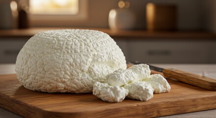 Fresh Homemade Cheese on Wooden Board with Knife in Cozy Kitchen Setting