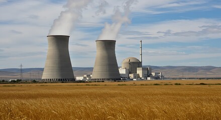 Nuclear power plant energy industry cooling towers electricity generation field landscape view