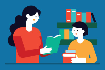 Woman and child reading books together in library