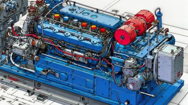 Technical illustration of a complex industrial machine blueprint with detailed mechanical schematics in blue tones