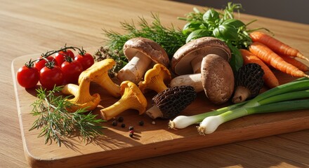 Fresh Organic Vegetables and Mushrooms Arranged on Wooden Cutting Board with Herbs and Spices for Culinary Preparation and Healthy Cooking