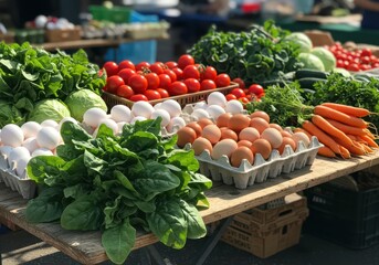 Fresh Produce Display at Outdoor Market with Vibrant Vegetables, Eggs, and Greens in Woven Baskets and Sturdy Cardboard Trays
