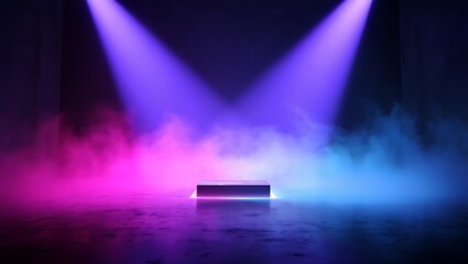 Neon Stage Spotlight Futuristic Purple and Blue Glowing Stage Design with Smoke Effects
