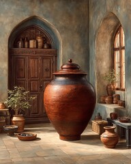 Rural floor with water pots in view high resolution picture