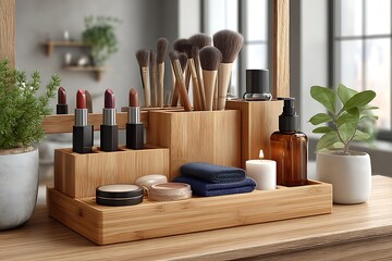 Neatly arranged makeup station with brushes high resolution picture