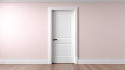 Modern interior design featuring white door against soft pink wall