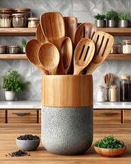 Neatly placed spatulas in bamboo holder high resolution picture