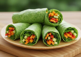 Fresh Spinach Wraps with Colorful Vegetables and Healthy Ingredients on a Wooden Plate