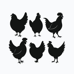 Set of Six Black Chicken and Rooster Silhouettes - Farm Animal Vector Icons Collection