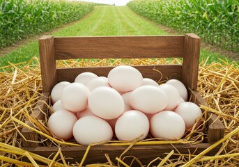 Fresh White Eggs in Rustic Wooden Basket Surrounded by Straw on a Farm with Lush Green Corn Field in the Background