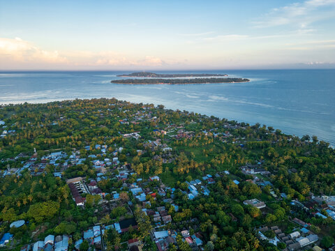 Aerial view of Gili Air with Gili Trawangan in the distance, Lombok, Indonesia