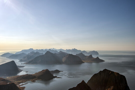 Aerial view of mountainous island from Mt Himmeltinden, Lofoten and Vesteral Islands, Nordland, Norway