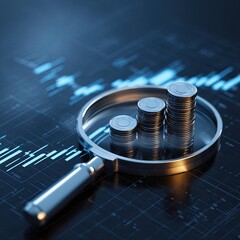 Magnifying glass focusing on increasing stacks of coins over financial data