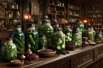 Pickling jars with herbs and condiments high resolution picture