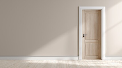 Minimalist white room with single door and bright sunlight pouring in
