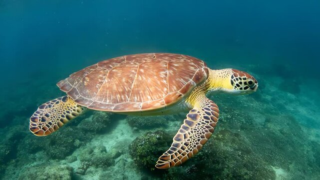 Graceful Sea Turtle Swimming in Blue Ocean Clear Waters Wildlife