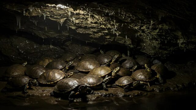Group of Brown and Black Turtles Huddling Together in a Dark Muddy Cave with Stalactites Overhead