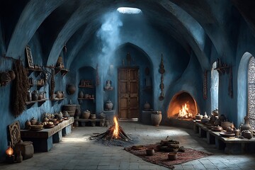 Open hearth burning in rustic house high resolution picture