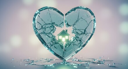 Fractured Heart-Shaped Glass Sculpture with Glowing Miniature House in Aqua Tones


