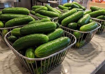 Freshly Harvested Green Cucumbers in Metallic Baskets on a Marble Countertop for Healthy Eating and Culinary Inspiration