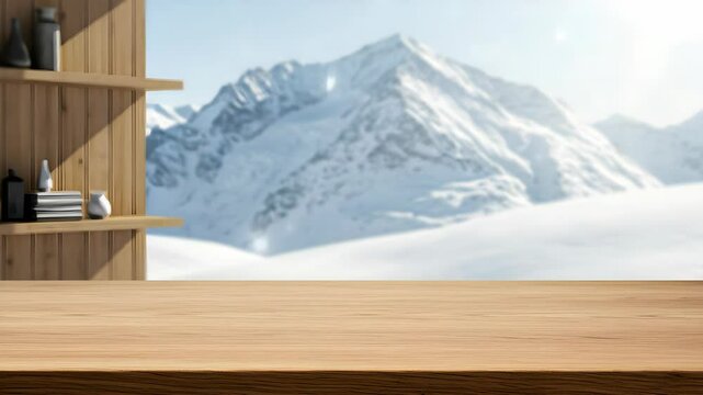 Indoor Wooden Table with Shelves Displaying a Blurred Snowy Mountain View