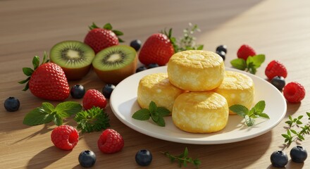 Colorful arrangement of fresh fruits and gourmet cheese on a wooden table, showcasing healthy snacking options with vibrant colors and textures