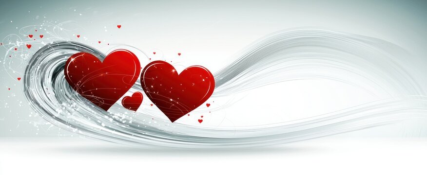 Elegant abstract design featuring two large red hearts surrounded by swirling grey lines on a light gray background