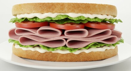 Freshly Made Sandwich with Layers of Ham, Crisp Lettuce, Juicy Tomato, and Creamy Mayonnaise on Soft Bread for Delicious Meal Experience