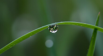 Close-up of a raindrop on a blade of grass reflecting a tiny rainbow, shot in macro photography style. Soft background bokeh, natural lighting, conveying subtle optimism