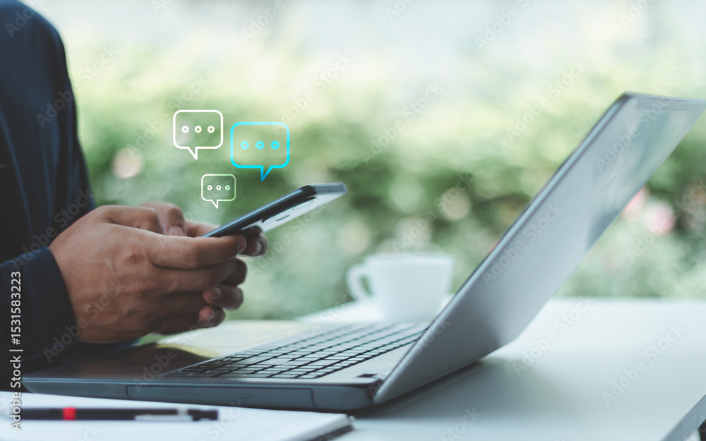 Poster Online live chat and chatting with man using smartphone typing messages on social media network platform for customer support, digital marketing, customer service, global communication and lifestyle.