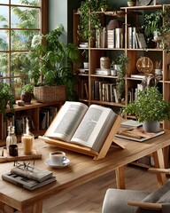 Light toned study space with open book high resolution picture